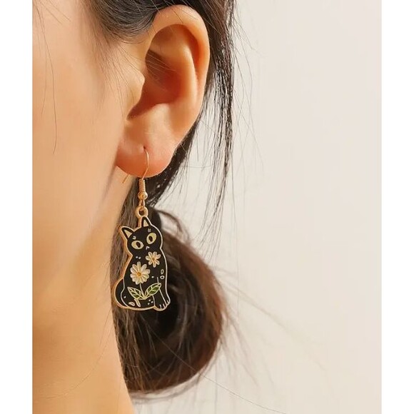 Enamel Black Cat Shaped Earrings Daisies Flowers Dangle - Picture 2 of 8
